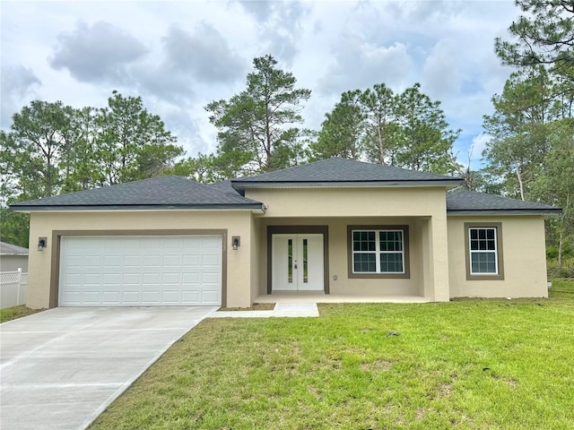 7222 N Lime Dr, Citrus Springs, FL 34433 - view of front facade with stucco siding, french doors, driveway, a garage, and a front yard