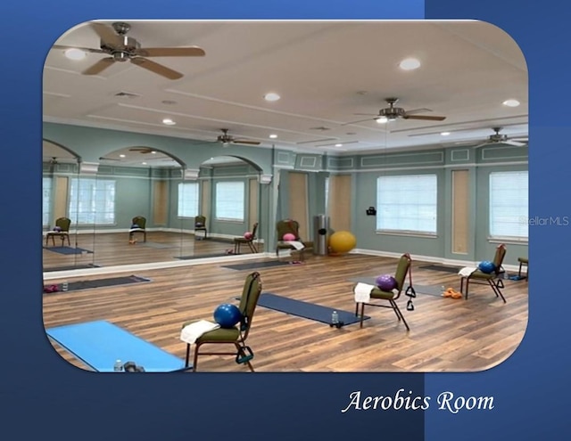 2173 Caledonian St, Clermont, FL 34711 - exercise room featuring wood finished floors, ceiling fan, and recessed lighting