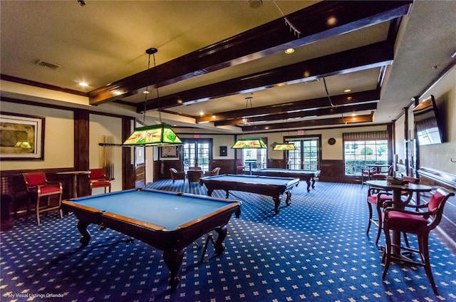 2173 Caledonian St, Clermont, FL 34711 - recreation room featuring billiards table, carpet, wainscoting, ornamental molding, and beamed ceiling