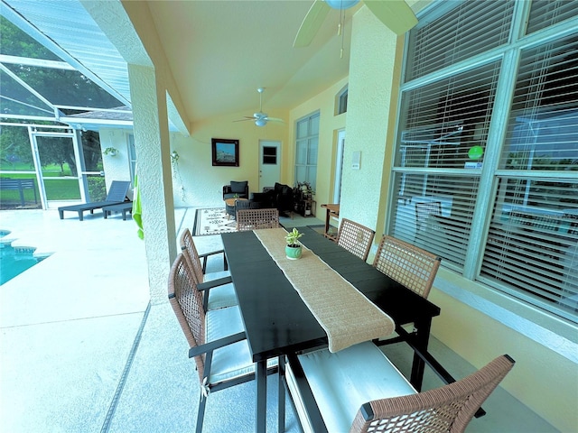 5205 Hammock Cir, Saint Cloud, FL 34771 - view of patio / terrace with a ceiling fan, an outdoor living space, outdoor dining area, a lanai, and an outdoor pool