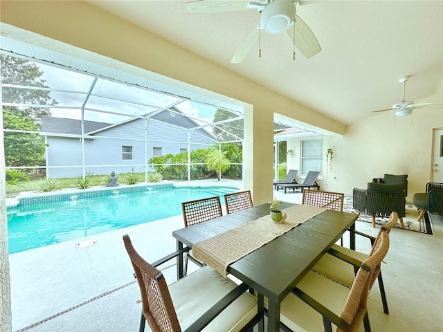 5205 Hammock Cir, Saint Cloud, FL 34771 - outdoor pool with a ceiling fan, a patio, and glass enclosure
