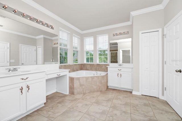 5552 Remsen Cay Ln, Windermere, FL 34786 - full bathroom with a closet, two vanities, a garden tub, crown molding, and tile patterned flooring