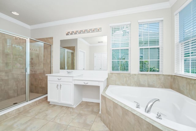 5552 Remsen Cay Ln, Windermere, FL 34786 - bathroom with vanity, a bath, crown molding, and a stall shower