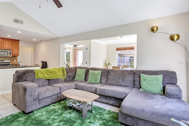 698 Roaring Dr Unit 382, Altamonte Springs, FL 32714 - living area featuring ceiling fan, light tile patterned floors, vaulted ceiling, and recessed lighting