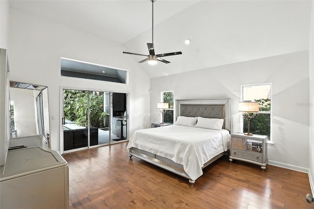2890 Wild Ginger Ct, Winter Park, FL 32792 - bedroom featuring access to exterior, high vaulted ceiling, hardwood / wood-style floors, and ceiling fan