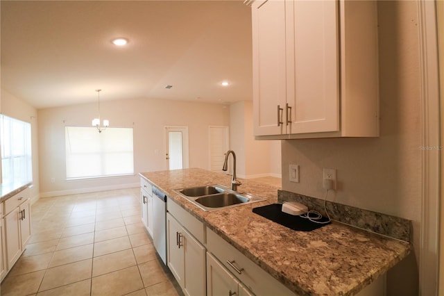 1105 Citrus Landings Blvd, Davenport, FL 33837 - kitchen with dishwasher, lofted ceiling, hanging light fixtures, white cabinets, and light tile patterned floors