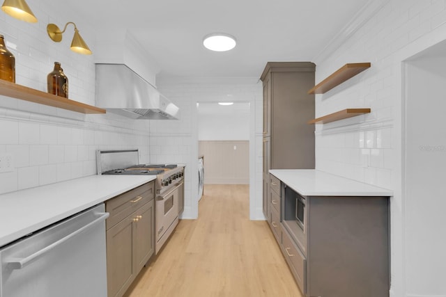 1021 S Elm Ave, Sanford, FL 32771 - kitchen with open shelves, dishwasher, stainless steel stove, gray cabinetry, and crown molding