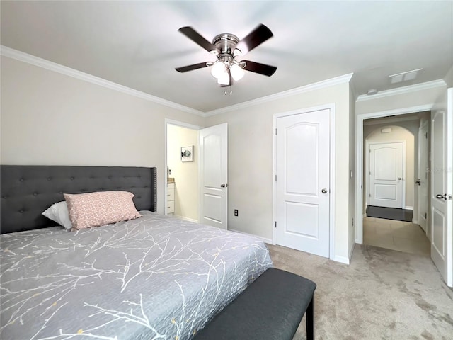 14654 Yellow Butterfly Rd, Windermere, FL 34786 - bedroom with light carpet, crown molding, a ceiling fan, and ensuite bath