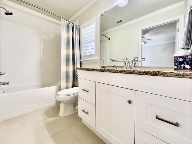 14654 Yellow Butterfly Rd, Windermere, FL 34786 - full bathroom featuring ornamental molding, shower / bath combo, vanity, tile patterned floors, and a ceiling fan