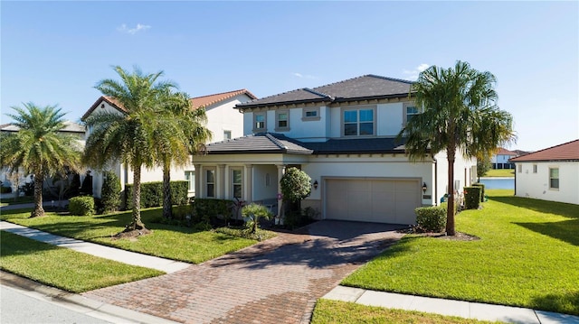 10427 Royal Cypress Way, Orlando, FL 32836 - view of front of property with decorative driveway, a garage, a front lawn, stucco siding, and a tiled roof