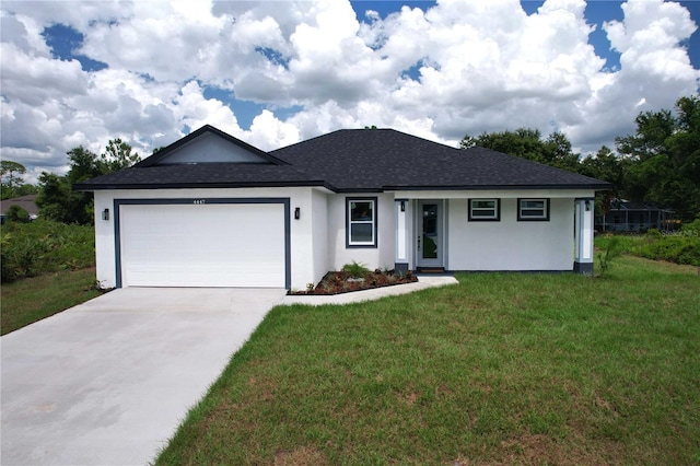 4447 Heyward St, North Port, FL 34291 - ranch-style home with a shingled roof, stucco siding, a front yard, a garage, and driveway