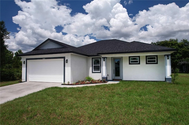 4447 Heyward St, North Port, FL 34291 - view of front of property featuring stucco siding, concrete driveway, an attached garage, a front lawn, and roof with shingles