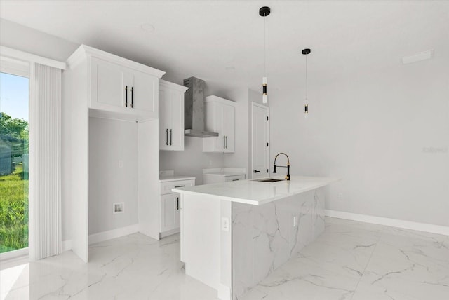 2446 Greenway, Sanford, FL 32771 - kitchen with wall chimney exhaust hood, light marble finish floors, and white cabinetry
