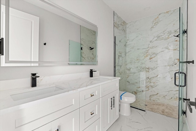 2446 Greenway, Sanford, FL 32771 - bathroom featuring marble tiled flooring, a marble finish shower, and double vanity