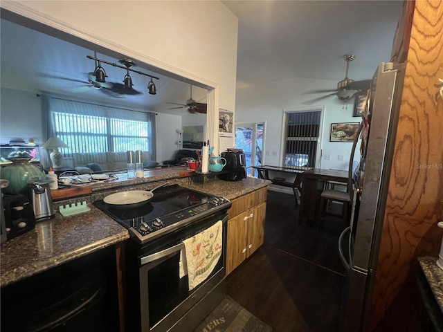 3767 Hibiscus St, Big Pine Key, FL 33043 - kitchen featuring stainless steel appliances, a ceiling fan, open floor plan, dark wood-style floors, and lofted ceiling