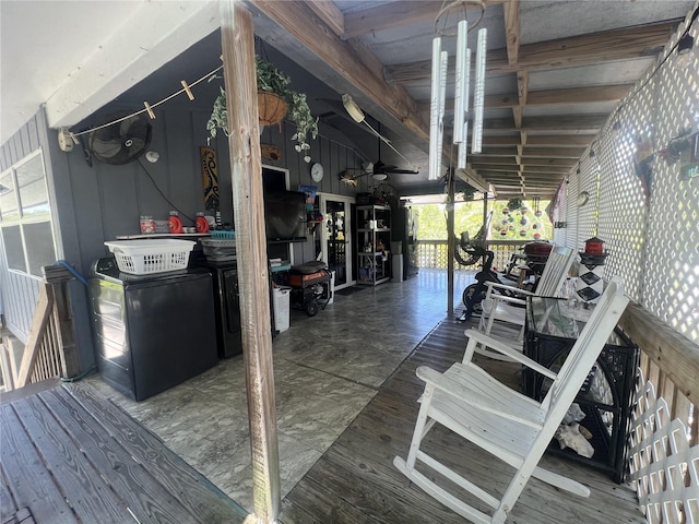 3767 Hibiscus St, Big Pine Key, FL 33043 - wooden terrace with washing machine and dryer and ceiling fan