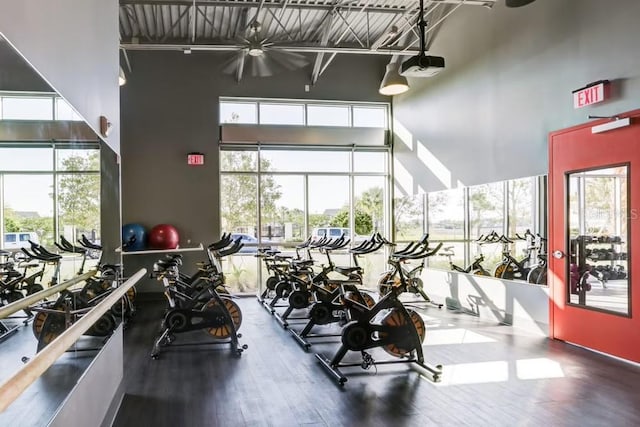 8427 Modiano St, Orlando, FL 32827 - workout area featuring a high ceiling and wood finished floors