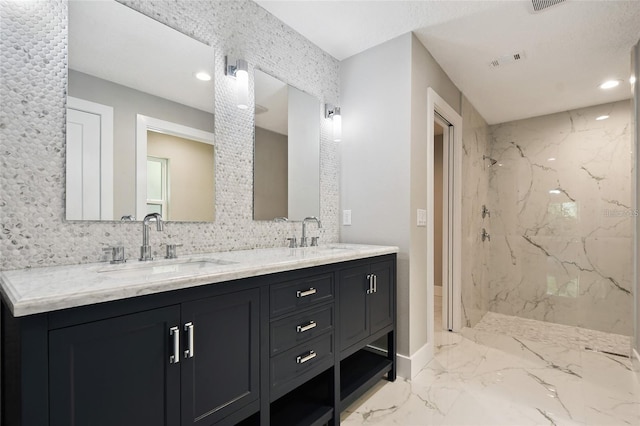 213 W Tilden St, Winter Garden, FL 34787 - bathroom featuring a marble finish shower, marble tiled flooring, double vanity, recessed lighting, and backsplash
