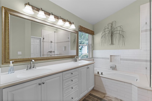871 Paddington Ter, Lake Mary, FL 32746 - bathroom with a garden tub, double vanity, a tile shower, and tile patterned flooring