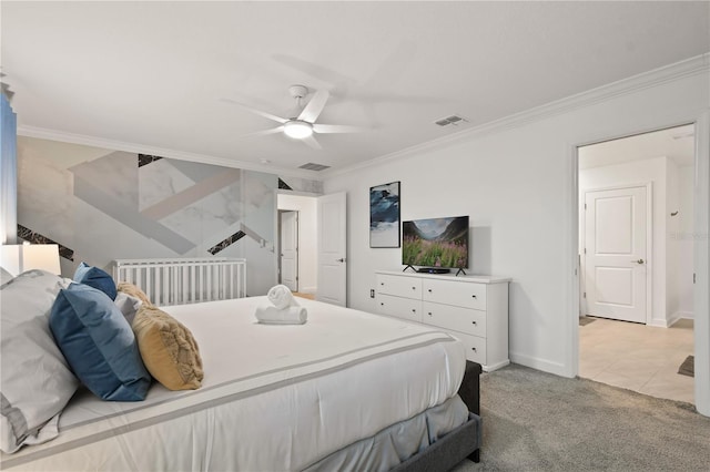 4185 Paragraph Dr, Kissimmee, FL 34746 - bedroom featuring crown molding, light carpet, a ceiling fan, and light tile patterned floors