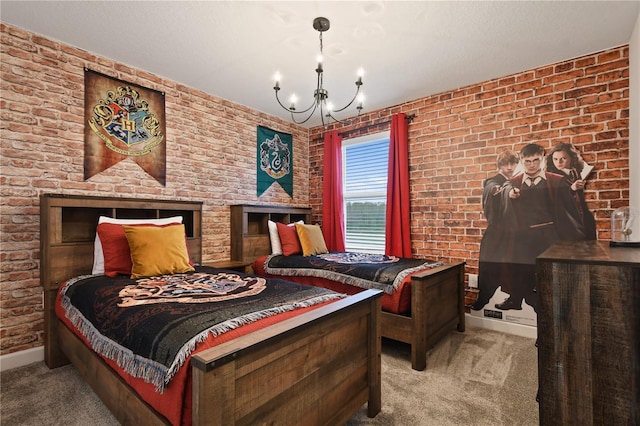 4185 Paragraph Dr, Kissimmee, FL 34746 - carpeted bedroom with a chandelier and brick wall