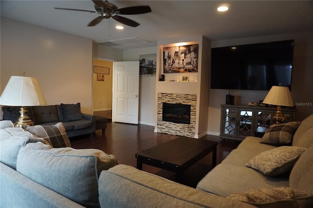 13785 SE 39th Ter, Summerfield, FL 34491 - living room with wood finished floors, ceiling fan, recessed lighting, and a tile fireplace