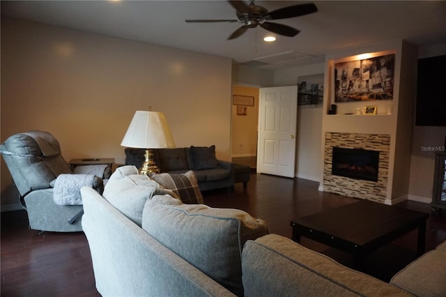 13785 SE 39th Ter, Summerfield, FL 34491 - living room featuring dark wood finished floors, ceiling fan, recessed lighting, and a fireplace