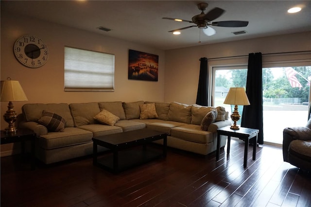 13785 SE 39th Ter, Summerfield, FL 34491 - living area with a ceiling fan, dark wood-style flooring, and recessed lighting