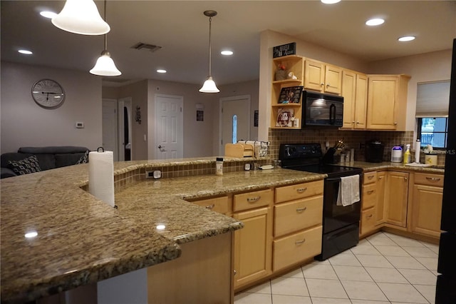13785 SE 39th Ter, Summerfield, FL 34491 - kitchen featuring black appliances, light brown cabinetry, backsplash, a peninsula, and light tile patterned floors