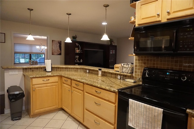 13785 SE 39th Ter, Summerfield, FL 34491 - kitchen with black appliances, backsplash, light brown cabinets, and light tile patterned floors