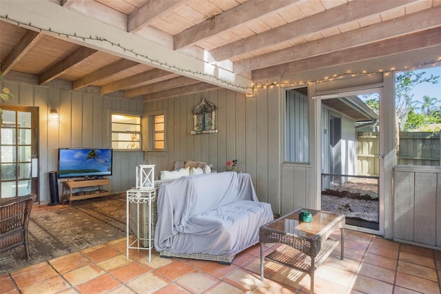 1029 Antelope Trl, Winter Springs, FL 32708 - living room with a wooden ceiling with exposed beams and wooden walls