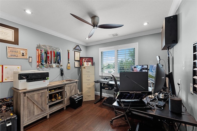 207 Via Tuscany Loop, Lake Mary, FL 32746 - office with ceiling fan, dark wood-style flooring, crown molding, and recessed lighting