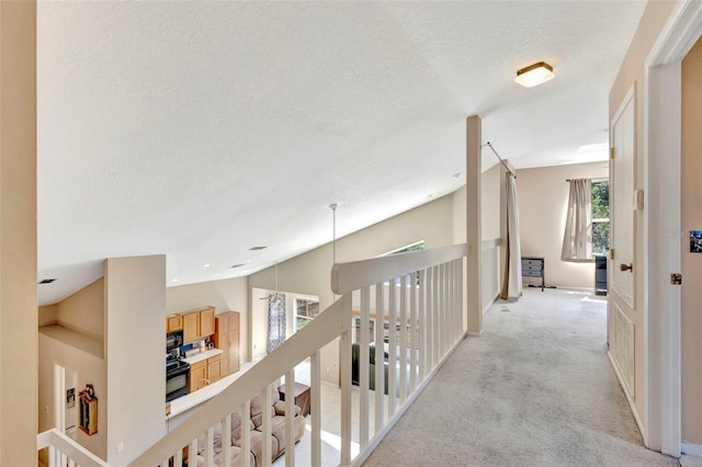 1039 Eagles Forrest Dr, Apopka, FL 32712 - hall featuring a textured ceiling, lofted ceiling, and light colored carpet
