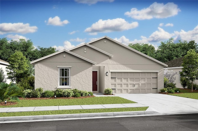 8297 W Eldron, Dunnellon, FL 34434 - view of front facade featuring a garage, stucco siding, concrete driveway, and a front lawn