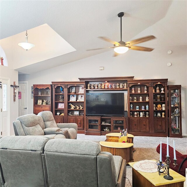 4471 Treasure Cay Rd, Tavares, FL 32778 - carpeted living room featuring vaulted ceiling and a ceiling fan