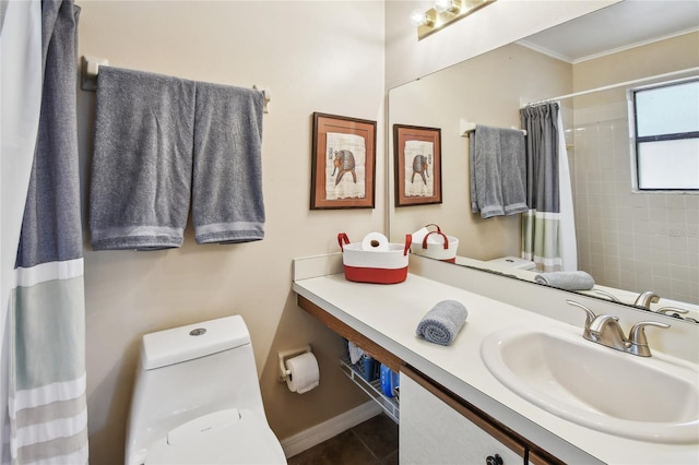 145 Lakeside Cir, Sanford, FL 32773 - bathroom featuring vanity, a shower with shower curtain, tile patterned flooring, and ornamental molding