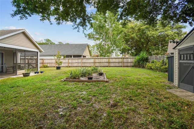 145 Lakeside Cir, Sanford, FL 32773 - fenced backyard with a sunroom, a vegetable garden, and a shed
