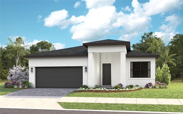 14375 Hammock Oak St, Parrish, FL 34219 - view of front of house with stucco siding, a garage, a front lawn, decorative driveway, and roof with shingles