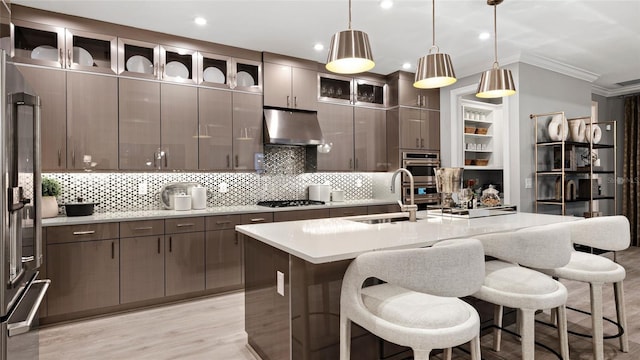 14375 Hammock Oak St, Parrish, FL 34219 - kitchen with extractor fan, light wood-style floors, a breakfast bar area, tasteful backsplash, and stainless steel appliances