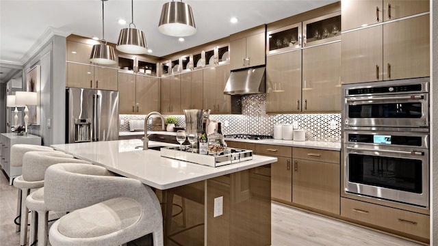 14375 Hammock Oak St, Parrish, FL 34219 - kitchen with exhaust hood, stainless steel appliances, light wood-style floors, tasteful backsplash, and light countertops