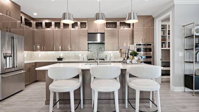 14375 Hammock Oak St, Parrish, FL 34219 - kitchen with appliances with stainless steel finishes, ventilation hood, an island with sink, light wood finished floors, and tasteful backsplash