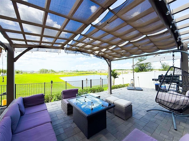 13993 Title Way, Winter Garden, FL 34787 - fenced backyard featuring an outdoor living space, a pergola, a water view, and a patio area