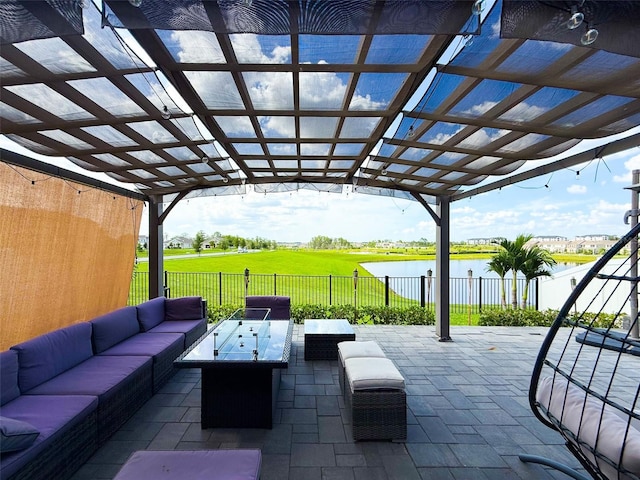 13993 Title Way, Winter Garden, FL 34787 - fenced backyard with an outdoor living space, a pergola, a water view, and a patio