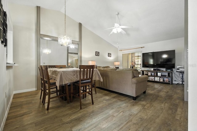 3280 Villa Way Cir, Saint Cloud, FL 34769 - dining room with high vaulted ceiling, ceiling fan, wood finished floors, and a chandelier