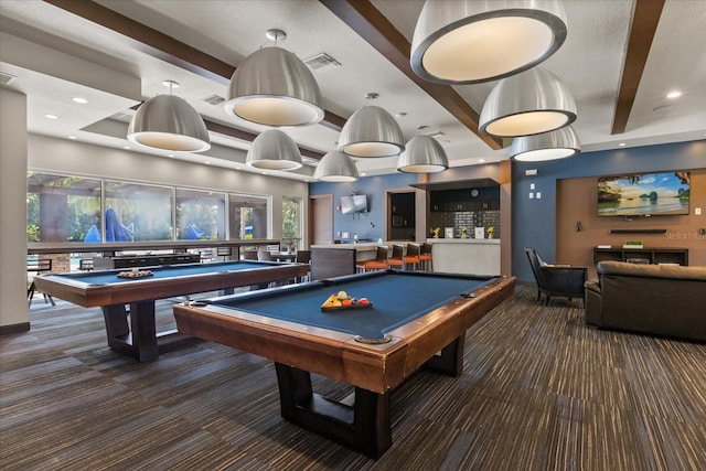 1351 Shinnecock Hills Dr, Davenport, FL 33896 - playroom with carpet, billiards, recessed lighting, and beamed ceiling