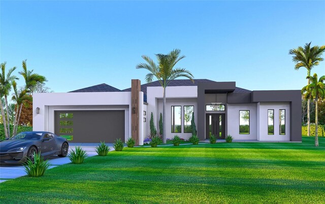 9 Edison Ln, Palm Coast, FL 32164 - contemporary house with stucco siding, a garage, a front lawn, and concrete driveway