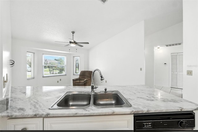 22 Bradford Ct, Kissimmee, FL 34758 - kitchen featuring ceiling fan, open floor plan, light stone counters, dishwashing machine, and white cabinets