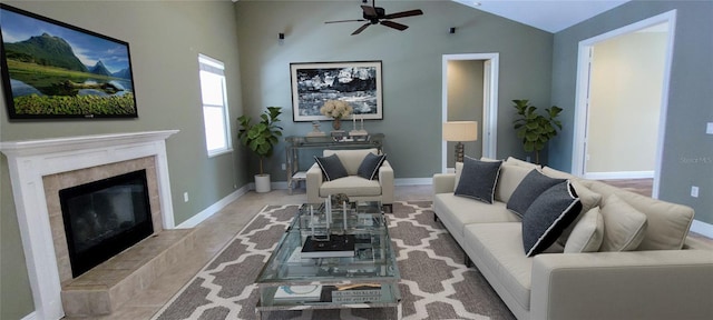 5595 Schefflera, Grant, FL 32949 - living area with a ceiling fan, a fireplace, and high vaulted ceiling