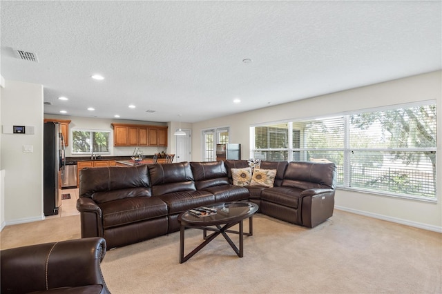 2613 Breezy Meadow Rd, Apopka, FL 32712 - living room featuring light carpet, recessed lighting, and a textured ceiling