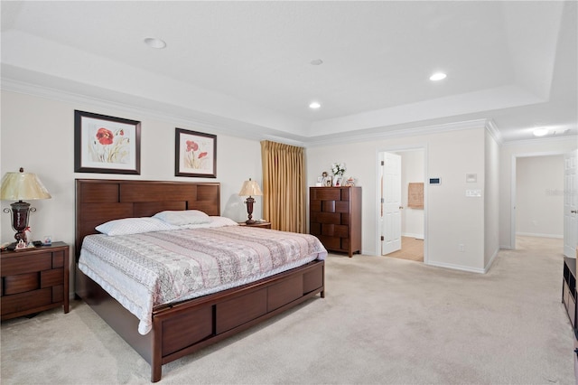 2613 Breezy Meadow Rd, Apopka, FL 32712 - bedroom with a raised ceiling, light colored carpet, crown molding, and recessed lighting